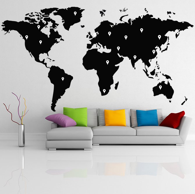 (47''x26'') Vinyl Wall Decal World Map with Google Dots / Art Decor