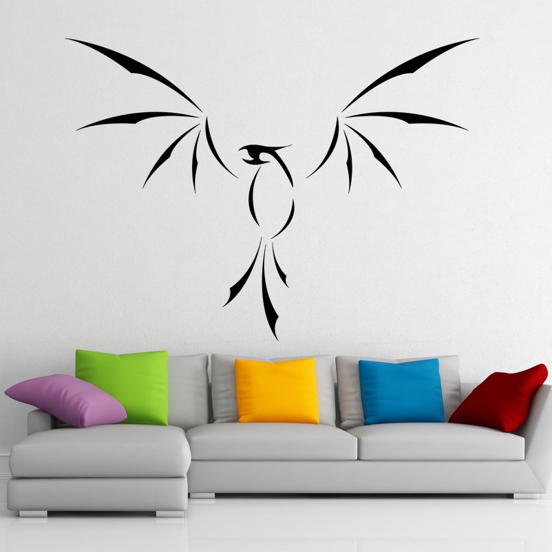 (28''x20'') Vinyl Wall Decal Phoenix With Open Wings / Fire Bird Decor Sticker + Free Decal Gift!