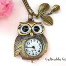 Antiqued brass Owl pocket watch necklace with Leaf NWO01L