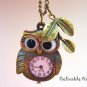 Antiqued brass Owl pocket watch necklace with Leaf NWO01L