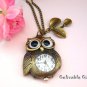 Antiqued brass Owl pocket watch necklace with Leaf NWO01L