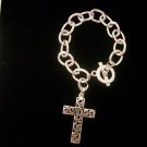 Chain Link Bracelet, Silver Tone With Filigree Cross Charm