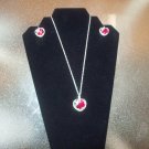 Silver and Red Heart Necklace with Pendant and Dangling Earrings
