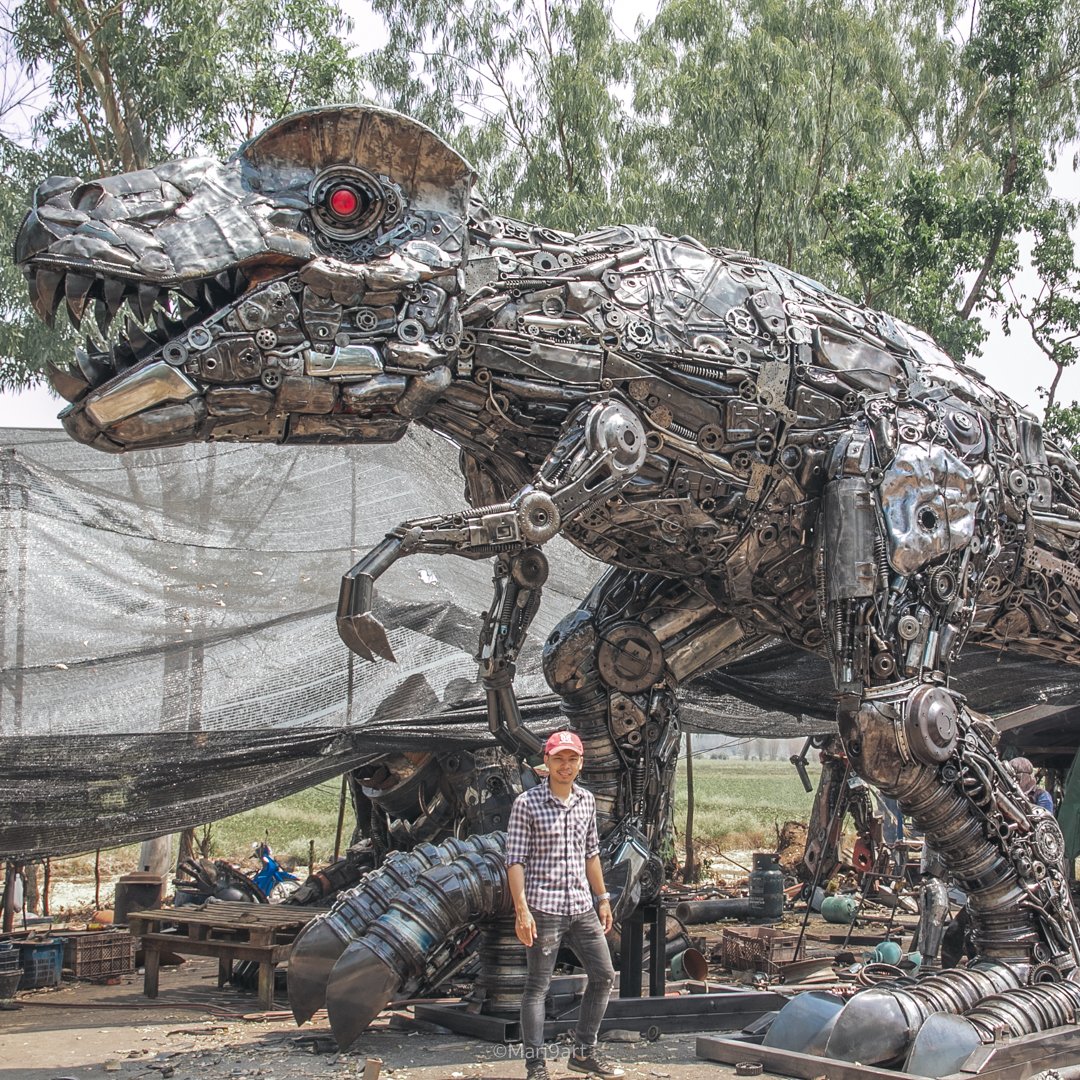 Life size TRex dinosaur scrap metal art sculpture made to order