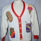 Ani Barrie Fast Food Car Hop Large Sweater Vintage Plastic Hamburger Buttons