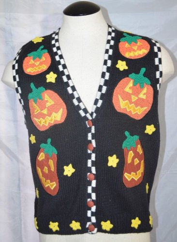 Halloween Jack O Lantern Ugly Sweater Vest Size Medium BellePointe Cotton Blend