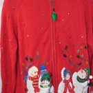 Ugly Christmas Sweater Red Snowmen Beads Zip Front L Large Tiara International