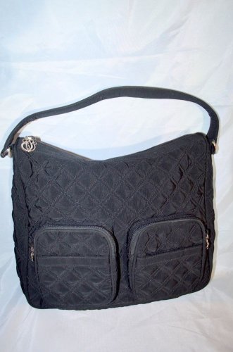 Vera Bradley Black Quilted Microfiber Hobo Handbag Purse 2 front Pockets