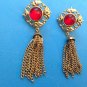 3" LONG SEXY GOLD TONE WITH RED STONE & DANGLE TASSLE PIERCED EARRINGS