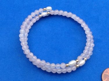 ROSE QUARTZ FRESHWATER PEARL & GOLD BEAD SPRING BANGLE BRACELET @2" DIAMETER