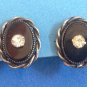 UNMARKED SILVER SETTING BLACK STONE & RHINESTONE SCREW ON EARRINGS 3/4" X 5/8"