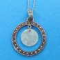 STERLING SILVER, MARCASITE & THIN LIGHT GREEN DISK PENDANT NECKLACE & CHAIN