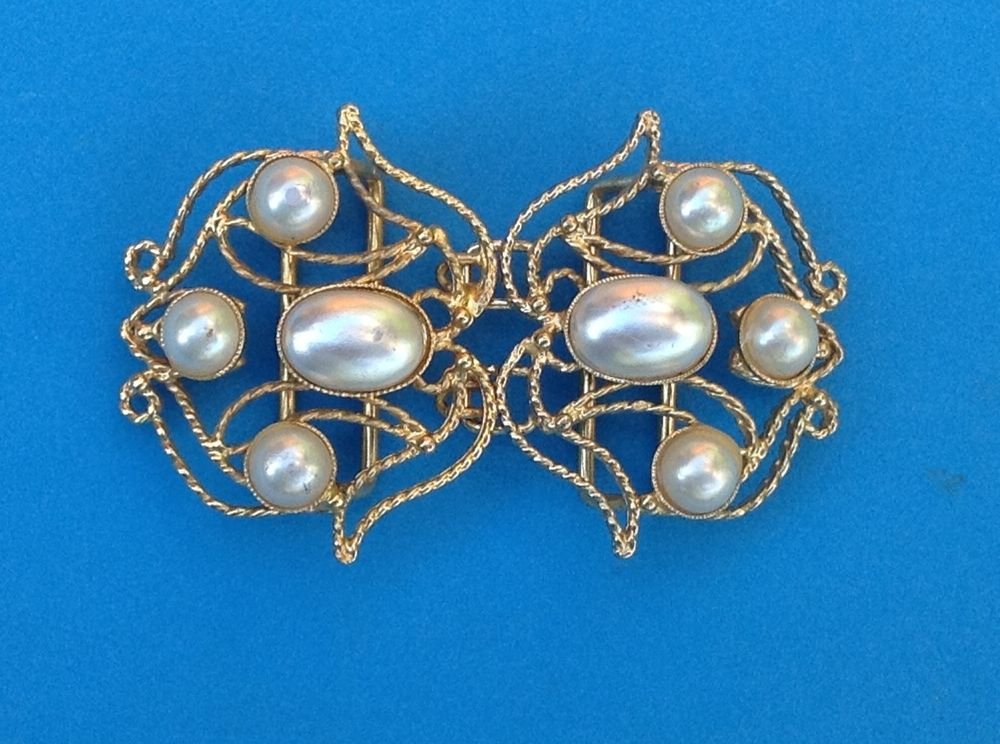 LOVELY 2 PART BUCKLE CLASP FANCY GOLD TONE & FAUX WHITE PEARLS 3" x 1 3/4" NICE!