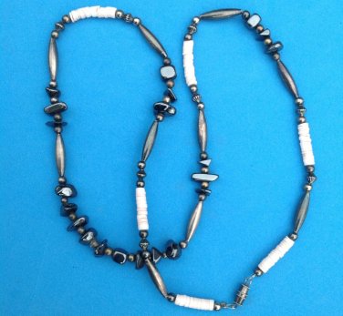 HEMATITE SILVER & SHELL DISK BEADED NECKLACE 24" LONG
