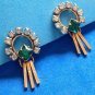 VINTAGE P&F GOLD FILLED WITH CLEAR & GREEN RHINESTONES SCREW ON DANGLE EARRINGS