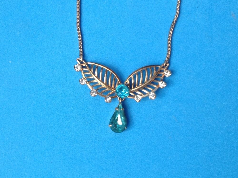 Van Dell gold fill clear & aqua blue rhinestone choker necklace 15" long