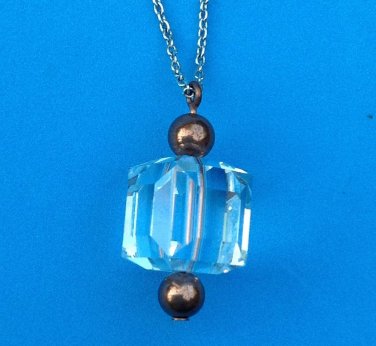 UNUSUAL COPPER WITH CUT CRYSTAL "ICE CUBE" PENDANT COSTUME SILVER CHAIN INCLUDED