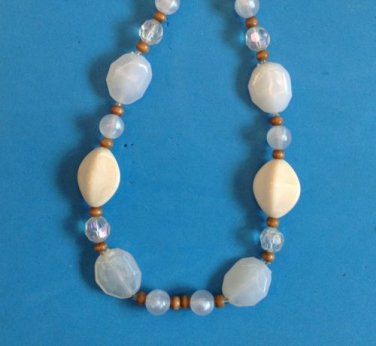 WOOD CREAM COLORED BEADS CLEAR & WHITE BEADED NECKLACE UP TO 18" LONG
