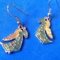 HANGING GREEN & GOLD ENAMEL ANGELS IN GOLD TONE PIERCED DANGLE EARRINGS 1.5"x.5"