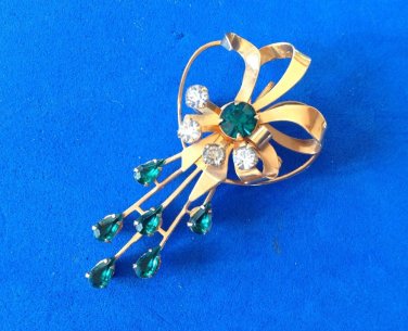 VINTAGE GREEN AND CLEAR RHINESTONE PIN PENDANT GOLD TONE SETTING 2 1/8" X 1 1/8"