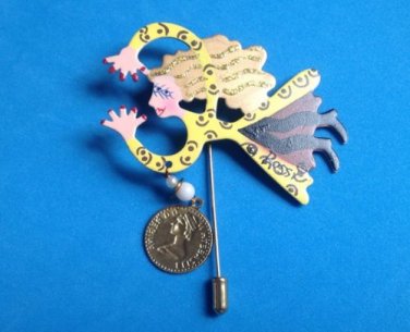 "ROSS" FLYING LADY HAND PAINTED DANGLING COIN 2 1/4" STICK PIN 2 1/2" X 1 1/2"LADY