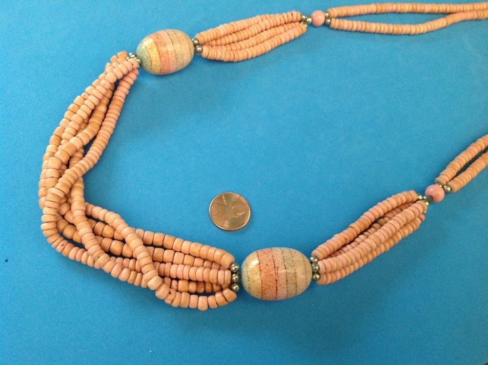 CORAL COLORED CERAMIC BEADED 2, 4, 5 STRAND STATEMENT NECKLACE 30" LONG