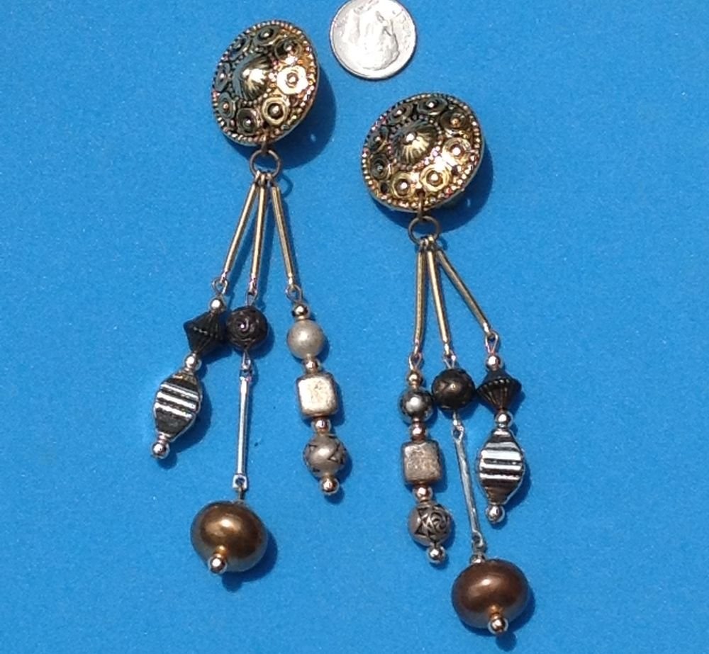 Clip on earrings, gold, silver. Copper. 4" long & sexy.  Fun!