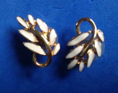 Pierced earrings, gold tone & cream enamel, leaf design  1" x 1/2" .