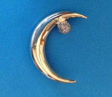 Gold tone moon pin  with clear stone - lovely piece