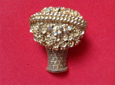 Avon pin, perfume / pill holder gold tone. Rhinestone flower basket 1.5"x1.5".Sweet.