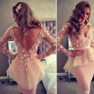 Custom V-neck Flowers Beading Lace Knee Length Full Celebrity Dress