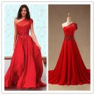 Red One Shoulder Chiffon Beading A Line Train Evening Dress