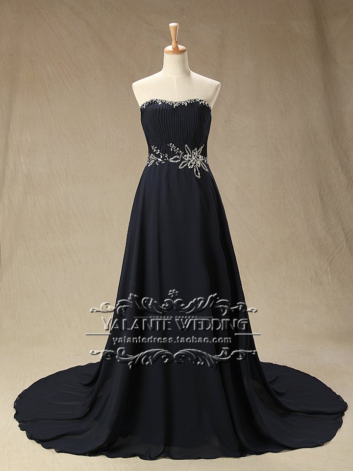 New Arrival Glamorous Full High Quality Chiffon Navy Blue Sleeveless Sweetheart Evening Dress