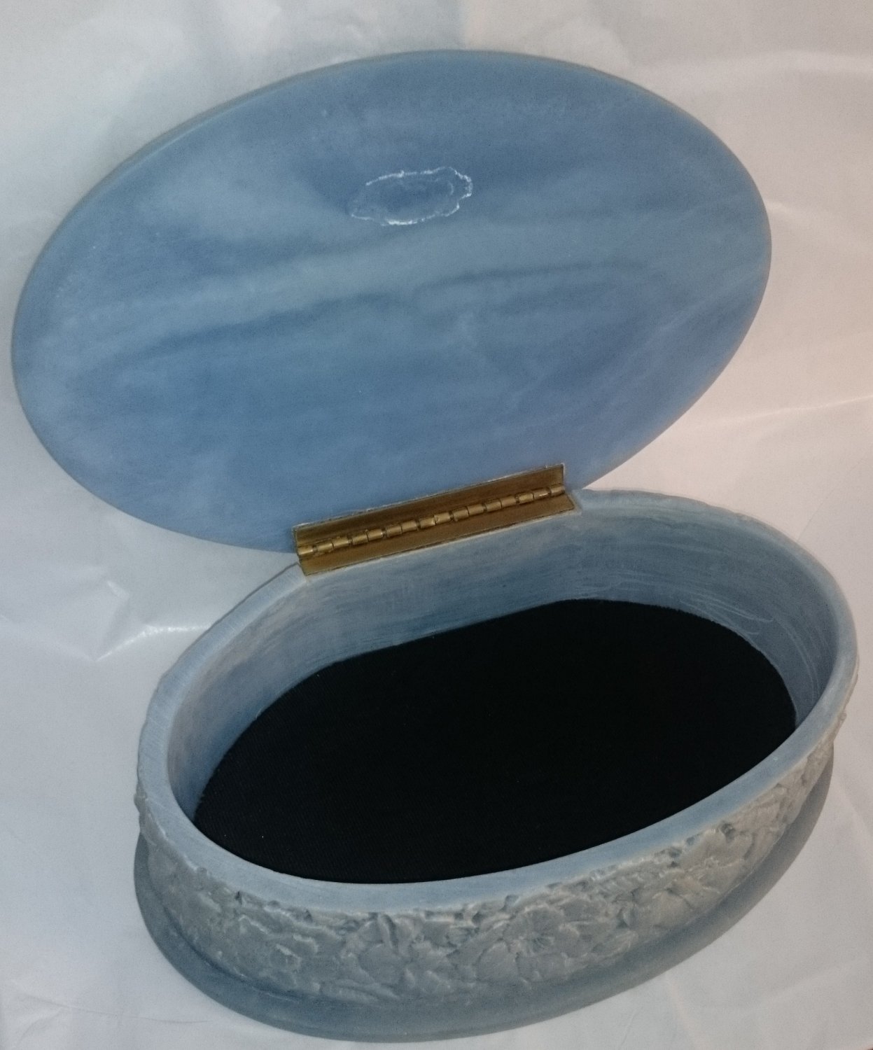 Vintage Incolay Stone Birds of Paradise Floral Blue Oval Jewelry Box