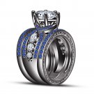 3 CT .925 Sterling Silver Blue Sapphire Wedding Engagement Ring Set Size 9.5