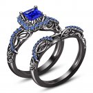 925 Silver Princess Blue Sapphire Engagement Ring Set Black Gold Finish Size 6