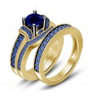 Yellow Gold Finish Mens Ladies Round Sapphire Trio Wedding Ring Set 3.00 ct tw