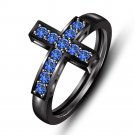 Full Black 1.30 CT TW Blue Sapphire in 925 Silver Sideways Cross Ring Sz 5 6