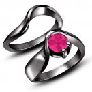 Full Black 1ct Pink Sapphires Engagement Wedding Ring set 925 Sterling Silver