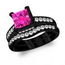 2.80 Ct Pink Sapphire & White Diamond Black Gold Fn 925 Silver Bridal Ring Set