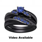 Full Black 925 Sterling Silver Blue Sapphire Engagement Wedding Ring Set