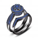 New Blue Sapphire Ravishing Engagement + Band Ring Set in Full Black 925 Silver