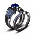 Elegant Full Black 925 Silver 3.00 Ct Blue Sapphire Engagement + Band Ring Set