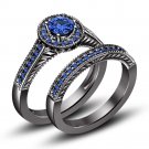 Black Rhodium Plated 925 Silver 2.50 Ct Blue Sapphire Engagement + Band Ring Set