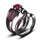 New Look Full Black 925 Silver 3.00 Ct Pink Sapphire Engagement + Band Ring Set