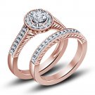 14k Rose Gold Plated 925 Sterling Silver Engagement+Wedding Ring Set