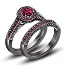 2.50 Ct Pink Sapphire Black Rhodium Plated 925 Silver Engagement + Band Ring Set