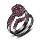 New Pink Sapphire Full Black in 925 Silver Beautiful Engagement + Band Ring Set