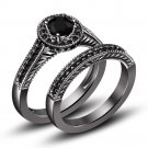 Round Cut CZ Black Rhodium Plated 925 Sterling Silver Bridal Engagement Ring Set