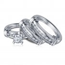 White Platinum Plated 925 Silver Trio Three Wedding His & Her Ring Band Set